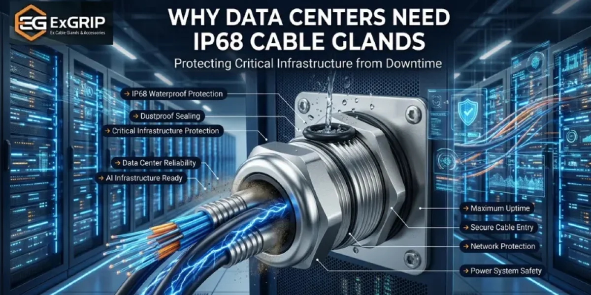 IP68 stainless steel cable gland protecting critical power and network cables inside a modern AI data center infrastructure