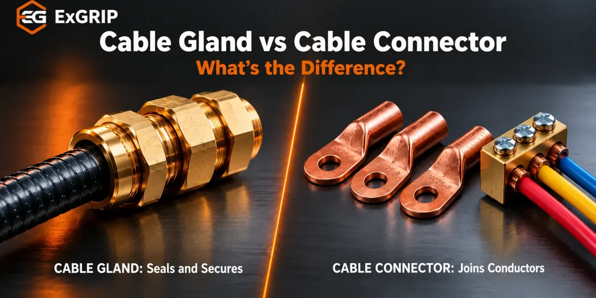 Cable gland vs cable connector: brass cable gland beside copper cable lugs and a terminal connector