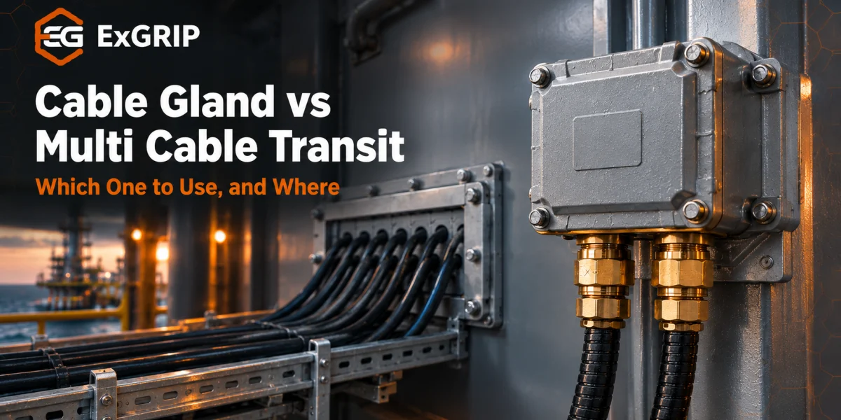 Cable gland in a junction box entry compared with a multi cable transit sealing many cables through a ship bulkhead