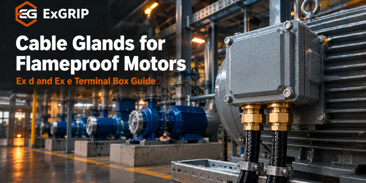 Cable glands for flameproof motors: brass double compression glands in the terminal box of a flameproof pump motor